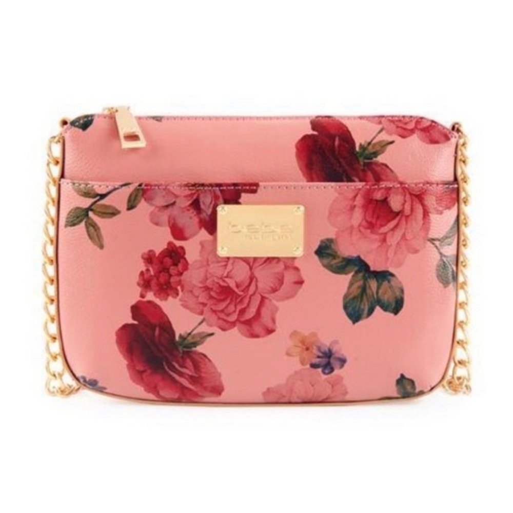 bebe Pink Floral Crossbody Bag with Gold Chain